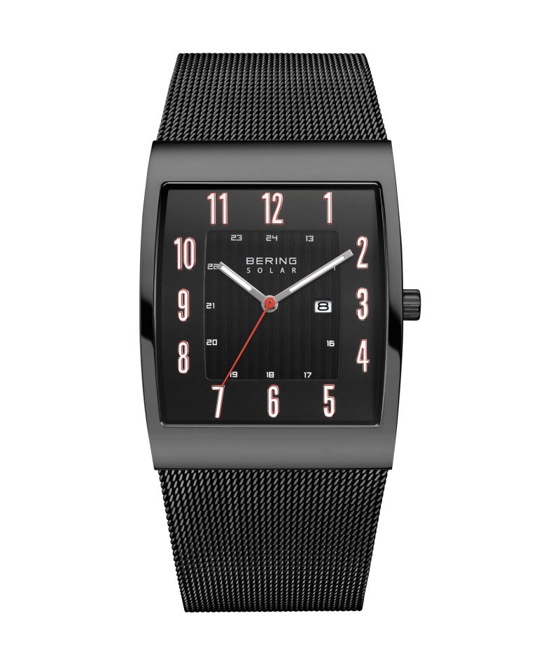 Bering Men black watch w mesh bracelet and square black solar dial